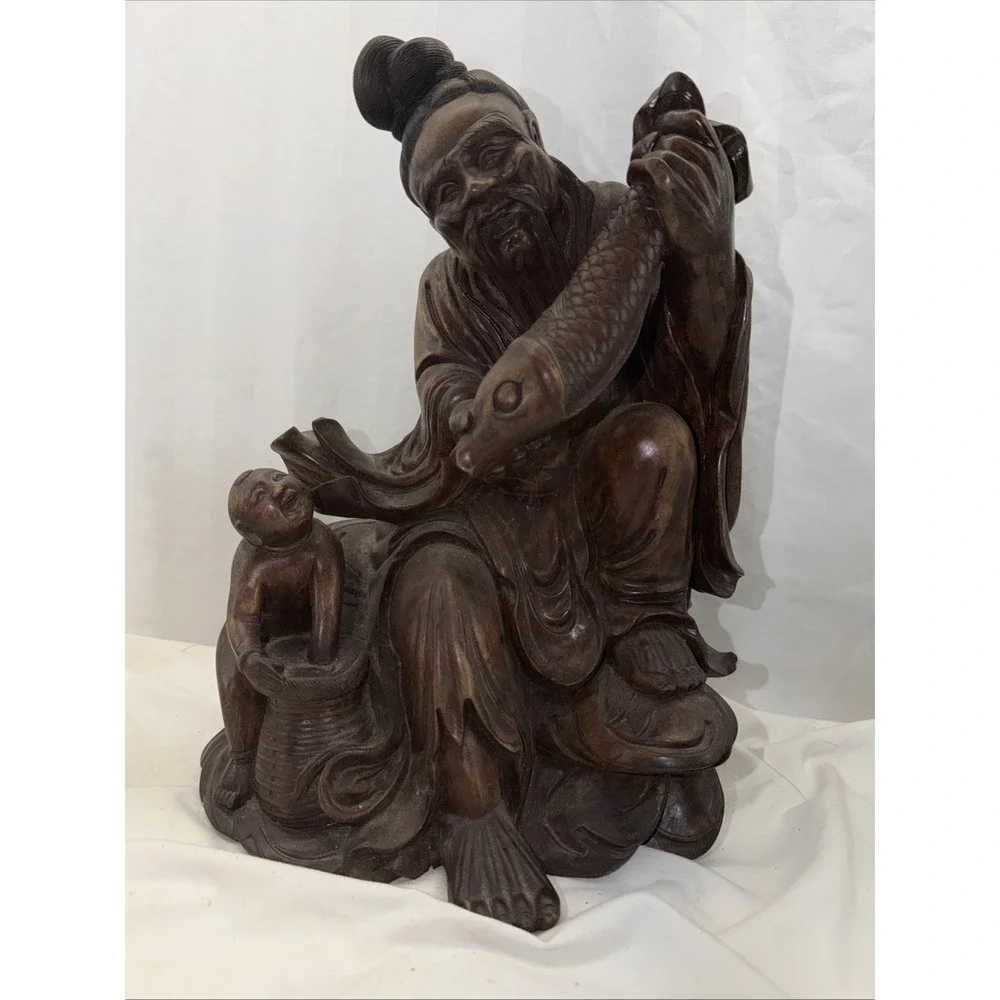 Antique Chinese Wood Carving Childhood Koi Fish
